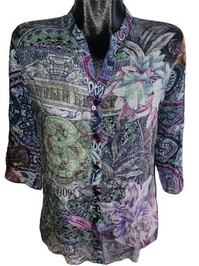 Desigual Floral Paisley Quarter Sleeve Top With Colorful Button Placket Size M